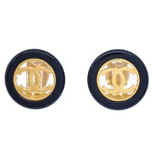 Chanel Button Clip-On Earrings Black Gold 97A 154838